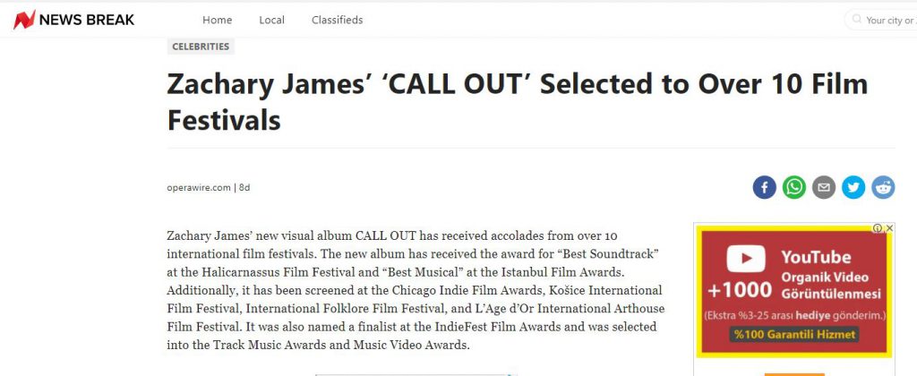 Zachary James’ ‘CALL OUT’ Selected to Over 10 Film Festivals 2